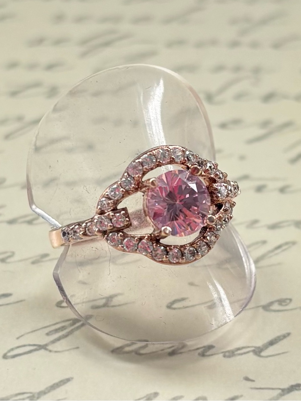 Pink Halo Solitaire Ring Sterling Silver plated Rose Gold Size 8